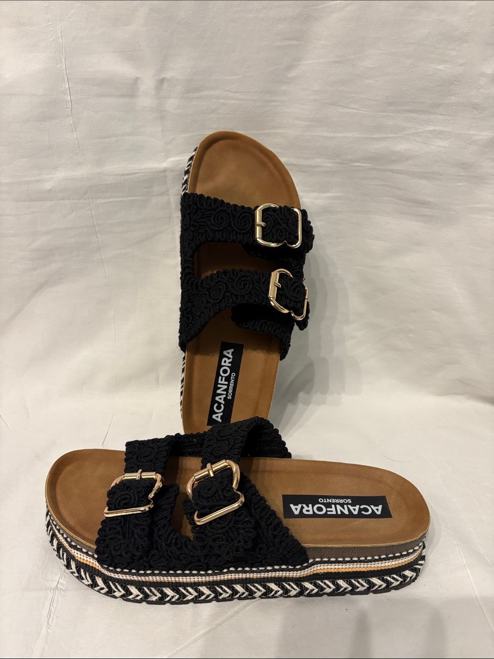 Acanfora Sorrento Women’s Black Crochet Double-Buckle Platform Sandals SZ 40